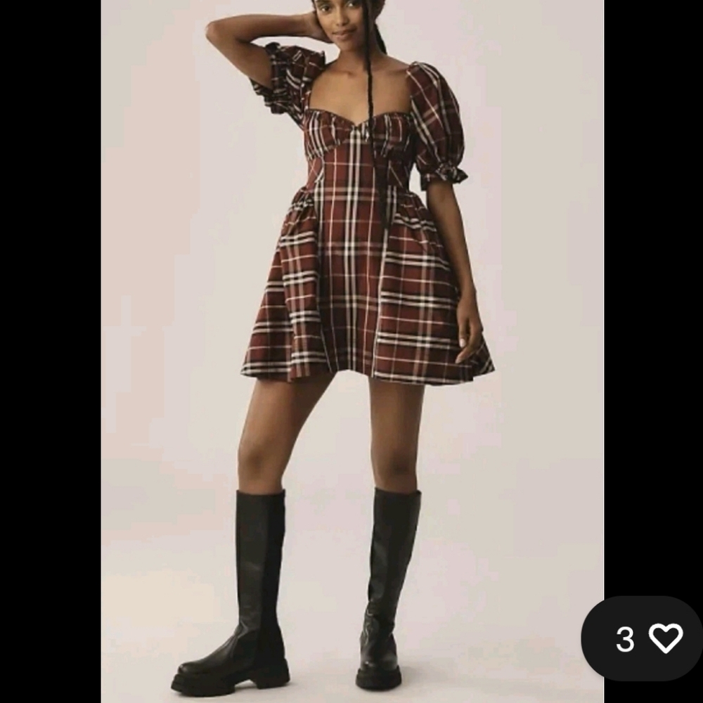 Anthropologie Maeve Red Tartan Plaid Puff Sleeve Punk Mini Dress M NWT